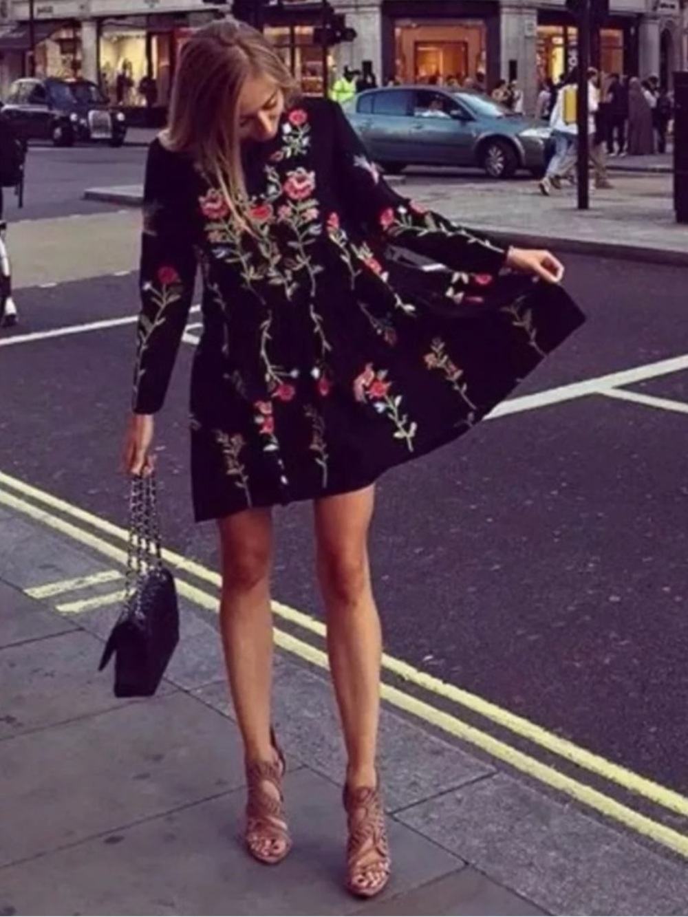 Maeve Black Mini Dress with Pink Floral Embroidery